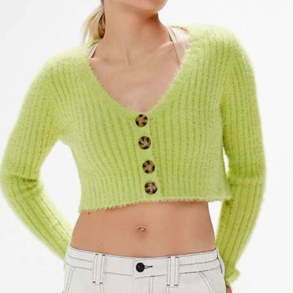 Urban Outfitters Green Rochelle Fuzzy Cropped Cardigan Sweater Womens Size Small